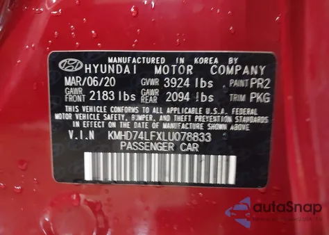 2020 Hyundai Elantra Se z USA, uszkodzony, nr VIN KMHD74LFXLU078833